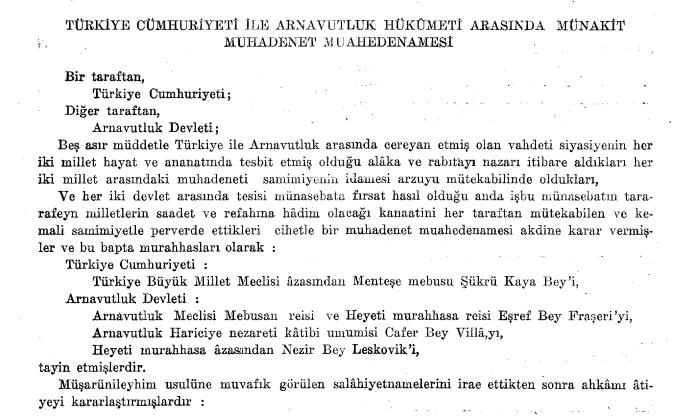 1923 Arnavutluk – Türkiye Resmi İlişkilerin Kurulması