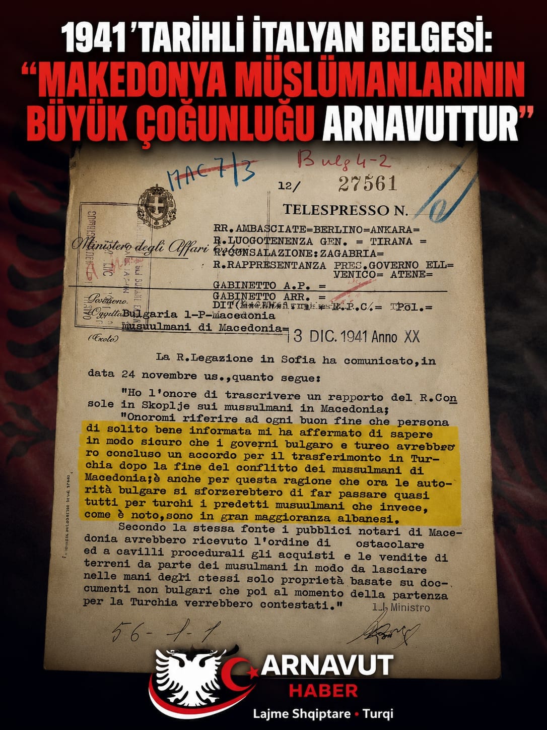 1941 Tarihli İtalyan Belgesi: “Makedonya Müslümanlarının Büyük Çoğunluğu Arnavuttur”